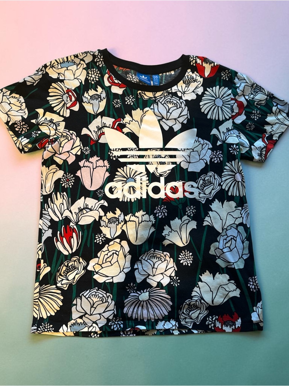 adidas Black Floral Logo Short Sleeve Tee